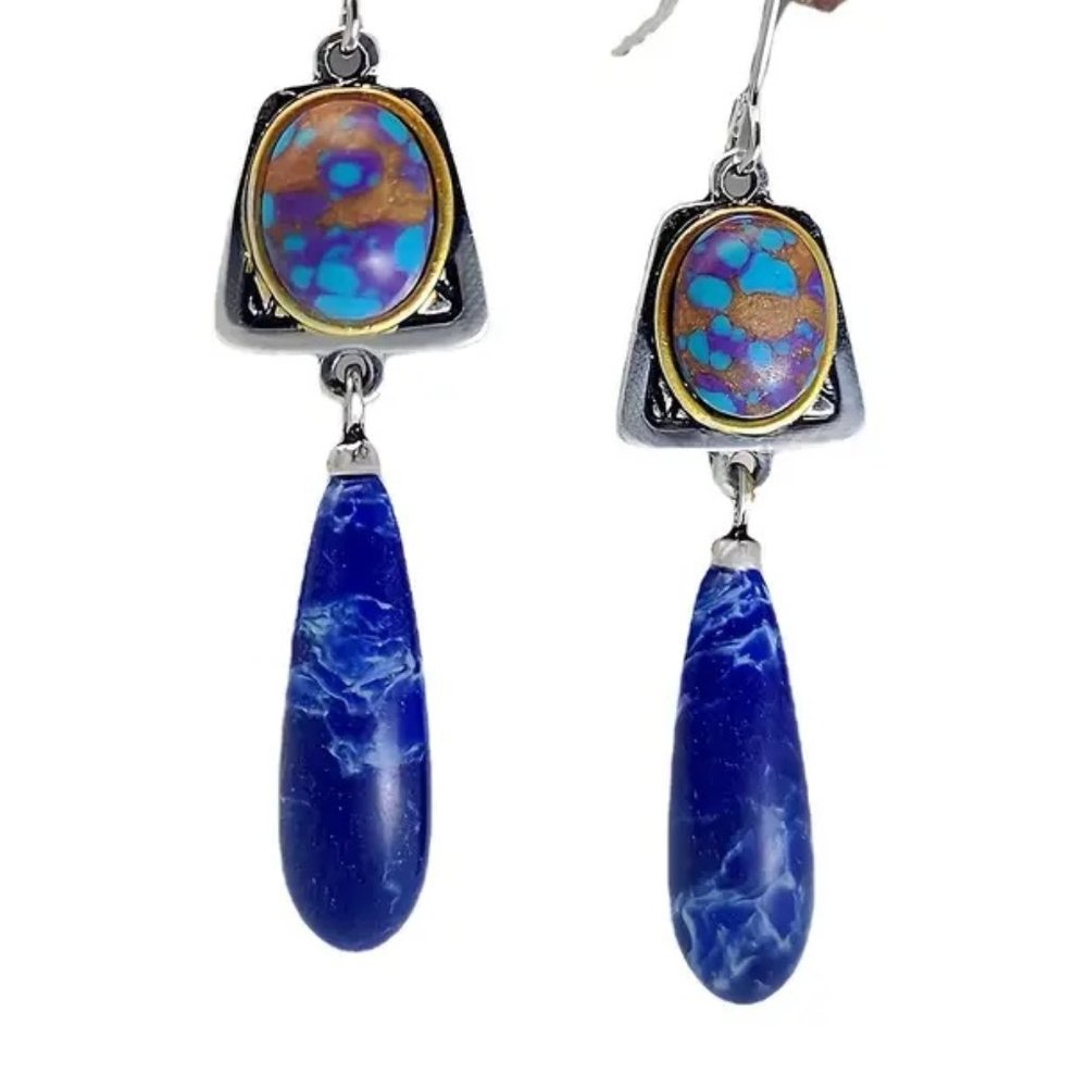 925 Silver Plated Blue Stone Teardrop Boho Earrings - NEW